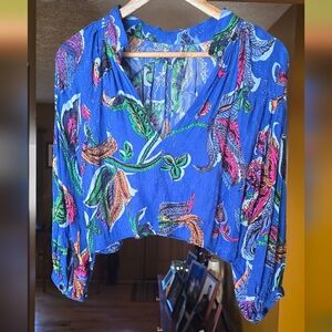 Anthropologie Maeve V-Neck Blouse Royal Blue Floral Cropped XS